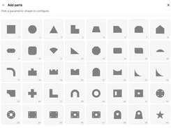 NestMaxx Add parts dialog with a grid of 40 parametric shape options.