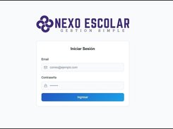 Nexo Escolar login screen with the Nexo Escolar Gestión Simple logo, email and password fields, and an Ingresar button.