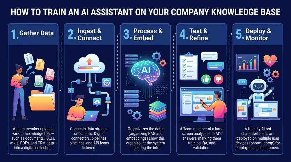 Five illustrated panels describe training an AI assistant: gather data, ingest and connect, process and embed, test and refine, and deploy and monitor.