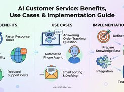 An infographic titled “AI Customer Service: Benefits, Use Cases & Implementation Guide” lists response-time, availability, support-cost, order-tracking, phone-agent, email, and deployment steps.