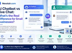 A Nexstair.com comparison graphic contrasts an AI chatbot conversation with a live-chat conversation and lists their respective benefits.