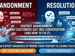 A split graphic contrasts chatbot abandonment with resolution, listing intent matching, quick response, human handoff, and revenue recovery.