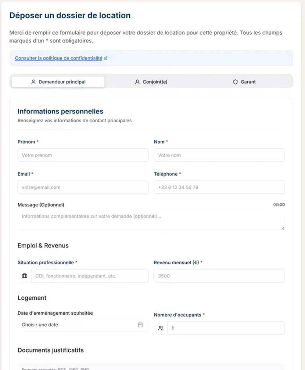 French rental-application submission form with applicant, income, housing, and document fields.