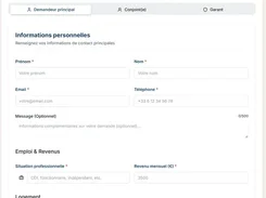 French rental-application submission form with applicant, income, housing, and document fields.