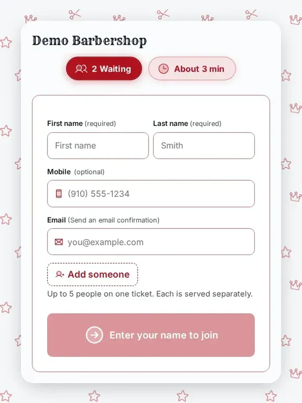 A Demo Barbershop walk-in check-in form with fields for first name, last name, mobile number, email, and adding another person.