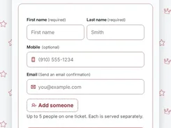 A Demo Barbershop walk-in check-in form with fields for first name, last name, mobile number, email, and adding another person.