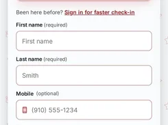 A mobile-style Demo Barbershop check-in form showing estimated wait time, language selection, contact fields, and an optional photo feature.