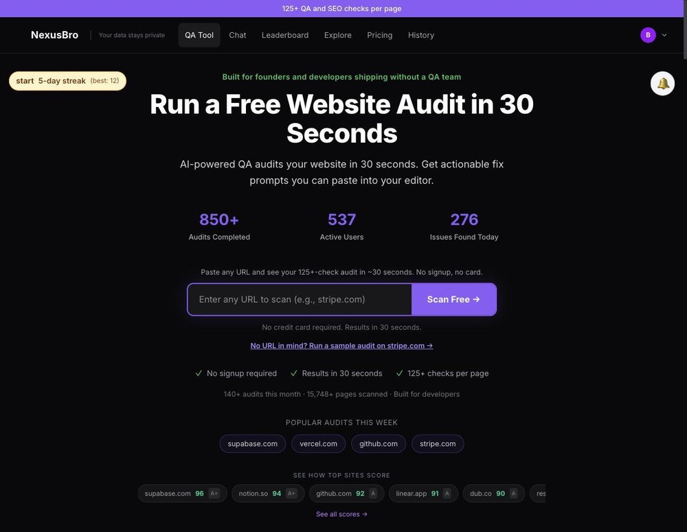 Free website audit: paste any URL, get 125+ QA and SEO checks in about 30 seconds, no signup