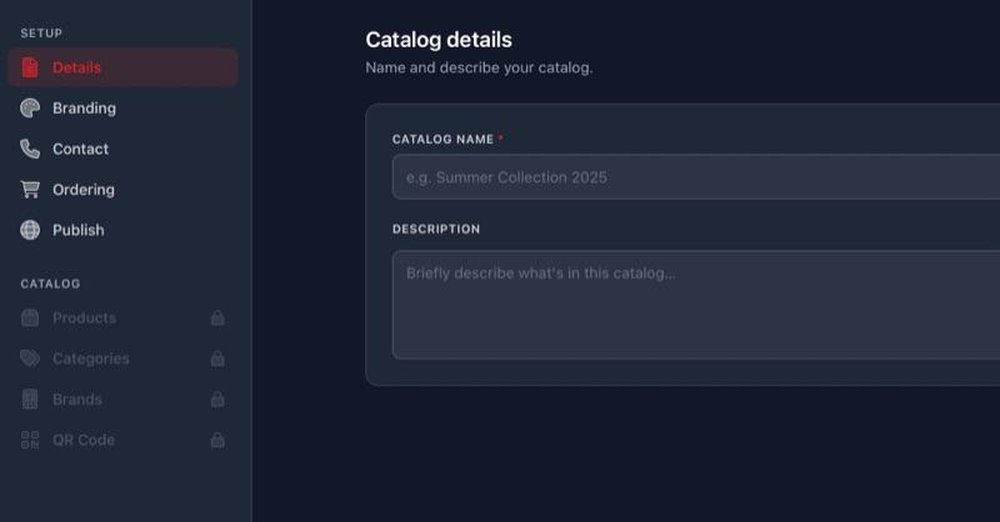 Dark-themed Nice Catalogs setup screen showing catalog details fields for catalog name and description, with navigation for branding, contact, ordering, and publishing.