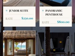 Mobile-style catalog page with search and layout controls, listing Ocean Collection accommodation cards and a Restaurants section.