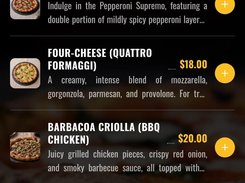 Dark restaurant menu catalog interface listing pizza products with thumbnails, descriptions, prices, and add buttons.