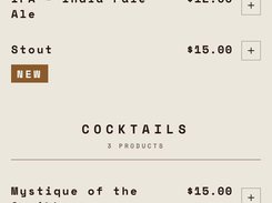 Light-colored menu catalog interface listing beer and cocktail categories with product names, prices, and add buttons.