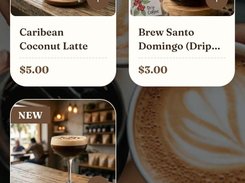 Coffee catalog interface with search controls and product cards for coffee drinks showing photos, names, prices, and add buttons.