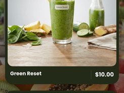 Green wellness-drink catalog interface showing an Energy and Detox category with smoothie product cards and prices.