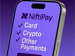 A phone mockup displays a NiftiPay screen listing Card, Crypto, and Other Payments with a “Get Started” button.