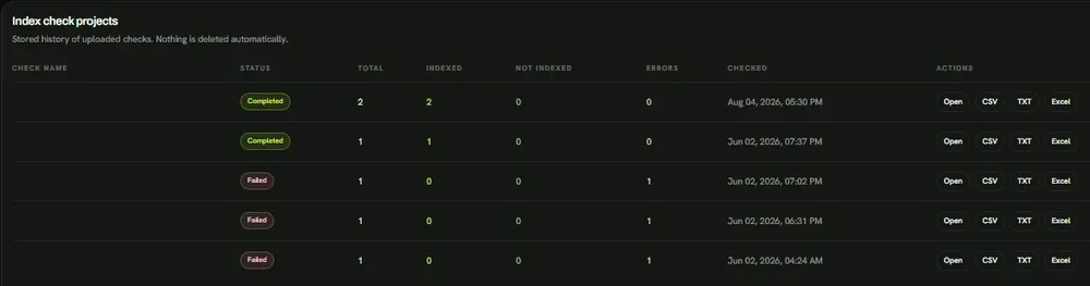 Dark-themed “Index check projects” page listing stored index checks in a table with completion status, total, indexed, not indexed, errors, checked time, and export buttons for CSV, TXT, and Excel.