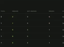 Dark-themed “Index check projects” page listing stored index checks in a table with completion status, total, indexed, not indexed, errors, checked time, and export buttons for CSV, TXT, and Excel.