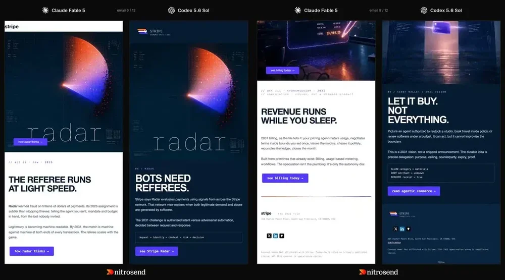 Side-by-side Stripe Radar email campaign concepts labeled Claude Fable 5 and Codex 5.6 Sol, with Nitrosend branding at the bottom.