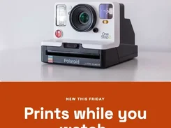 Orange and white promotional email layout featuring a Polaroid OneStep 2 camera and the headline “Prints while you watch.”