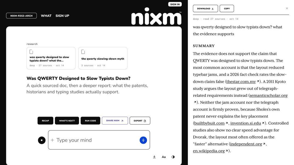Nixm web interface showing research cards about the QWERTY keyboard, a prompt field, and a generated source-backed article in a right-hand reading pane.