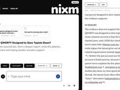 Nixm web interface showing research cards about the QWERTY keyboard, a prompt field, and a generated source-backed article in a right-hand reading pane.