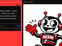 Nixm interface with a text prompt and a large rendered cartoon robot wearing a shirt labeled NIXM.