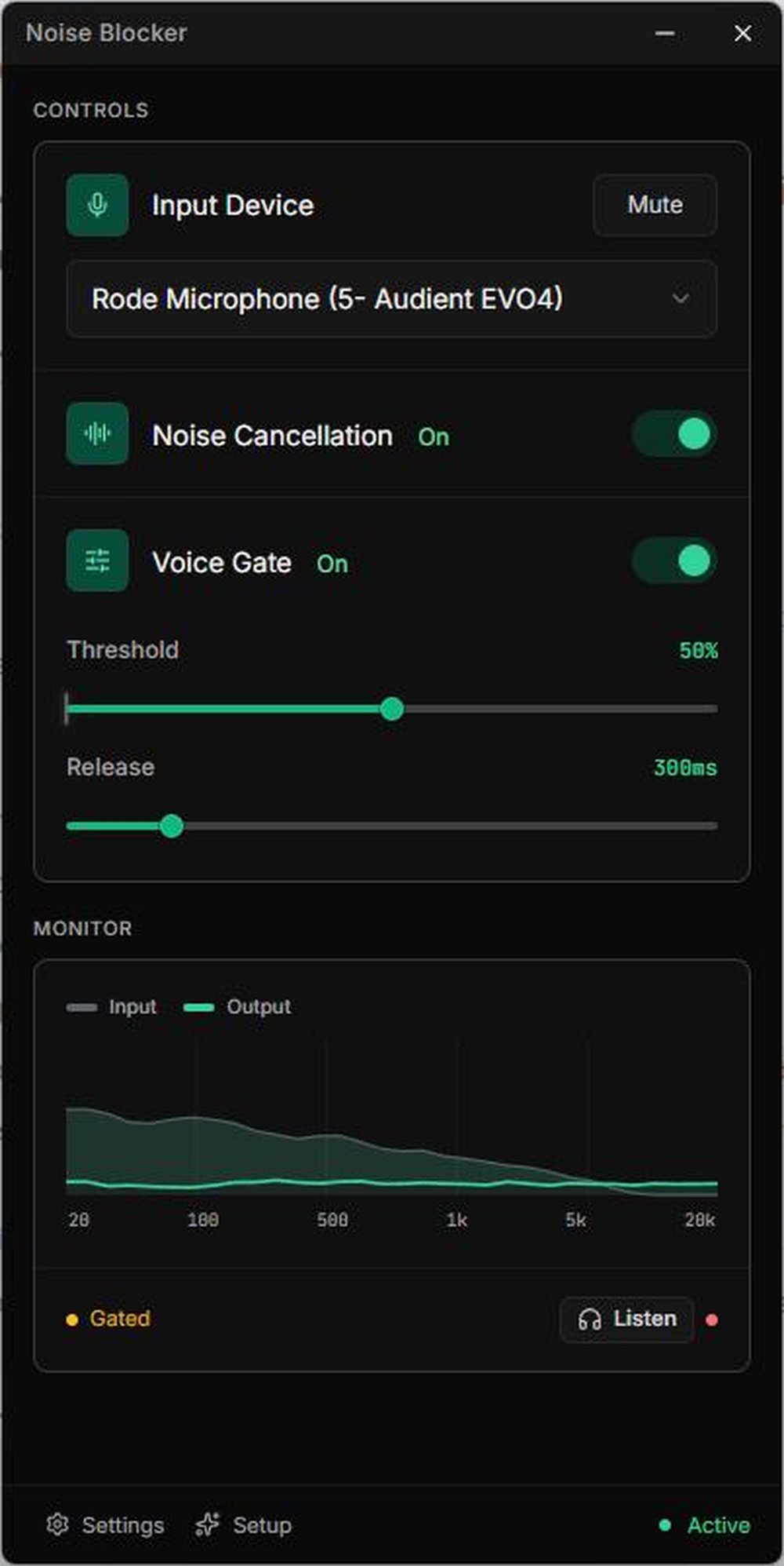 Enable real-time AI noise cancellation and voice gating while monitoring microphone input and filtered output.