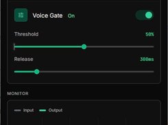 Enable real-time AI noise cancellation and voice gating while monitoring microphone input and filtered output.