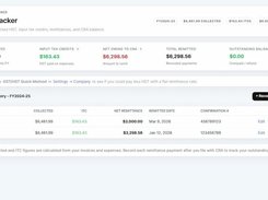 NorthBooks HST Tracker page showing collected tax, input tax credits, net owing, remittance totals, and a remittance-history table.