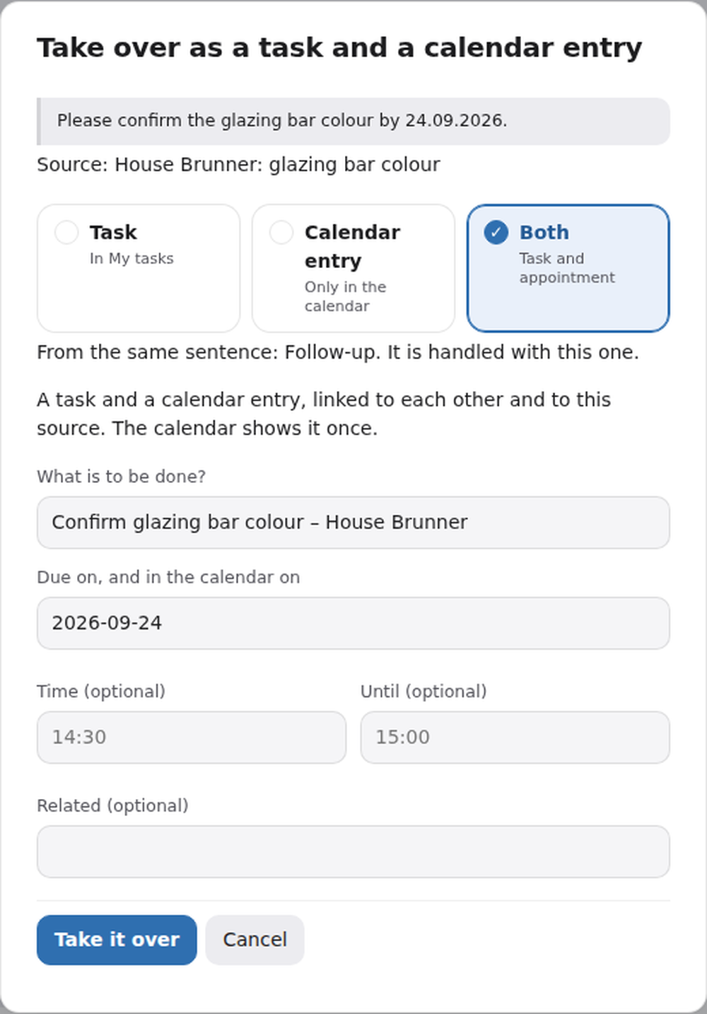 NOSA Desk form for taking an email request over as a linked task and calendar entry, with due date and optional time fields.