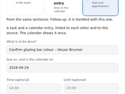 NOSA Desk form for taking an email request over as a linked task and calendar entry, with due date and optional time fields.
