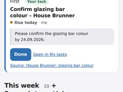 NOSA Desk dashboard card for a task to confirm glazing bar colour, with completion and task-opening actions.