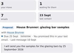 NOSA Desk task suggestion card for sending glazing bar samples, with due date and the source email text.