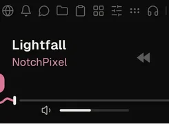 Dark-themed NotchPixel music player interface showing the track “Lightfall,” album artwork, playback controls, a progress bar, volume control, and navigation icons.