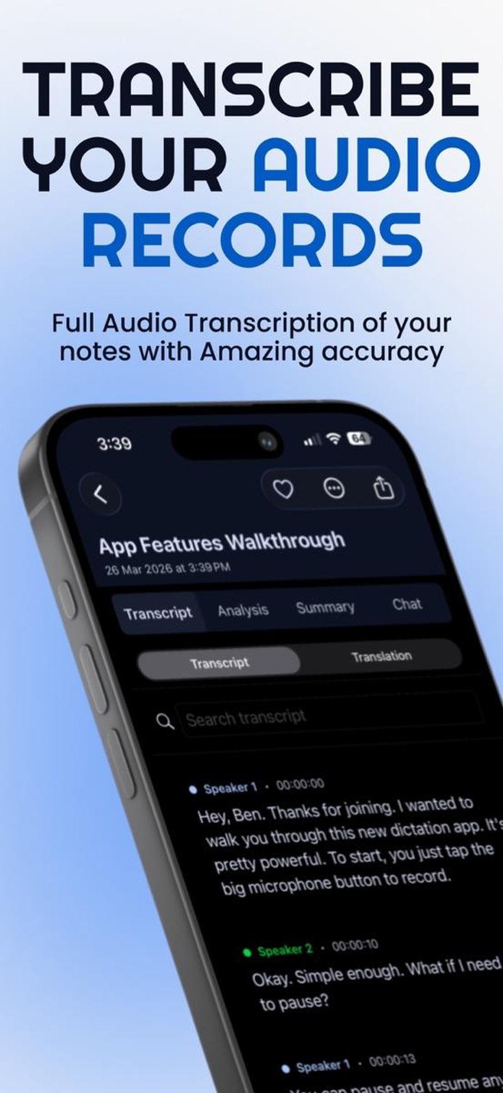 Searchable transcript with speaker labels and audio timestamps