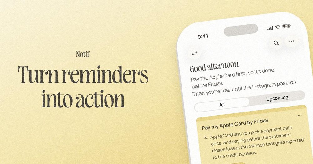 Promotional graphic for Notif showing the headline “Turn reminders into action” beside a partial iPhone screen with reminder cards and navigation controls.