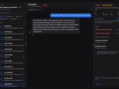 Dark-themed call-evaluation screen showing a selected support conversation, chat transcript, call list, issue counts, and evaluation checks for conversation coherence and knowledge retention.