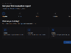 Dark-themed onboarding screen titled “Get your first evaluation report,” with setup steps and options for Chatbot, Voice agent, or Workflow.