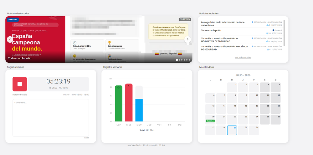 Main dashboard: employees clock in and out in seconds from the browser or mobile, with a real-time working-time counter and an at-a-glance view of the team's attendance and calendar.