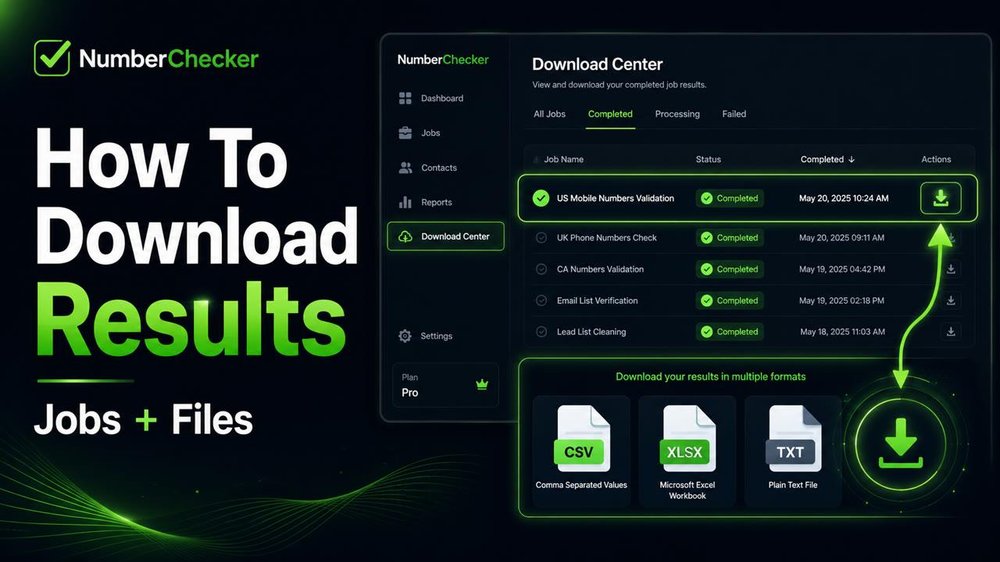 NumberChecker Download Center screen listing completed jobs and download options for CSV, XLSX, and TXT files.