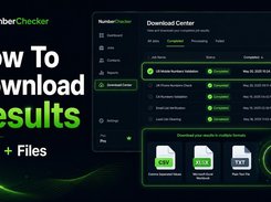 NumberChecker Download Center screen listing completed jobs and download options for CSV, XLSX, and TXT files.