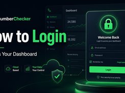NumberChecker login form with email and password fields, remember-me checkbox, login button, and dashboard background.