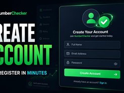 NumberChecker account-registration form with fields for full name, email address, and password.