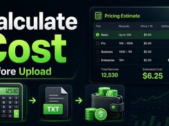 Pricing Estimate panel with selectable service tiers, record quantities, per-thousand prices, and estimated cost.