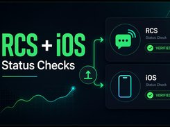 RCS and iOS status-check cards connected by arrows from an upload icon, with both marked verified.