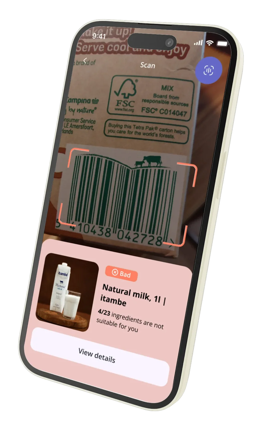 Angled smartphone display showing a Scan interface recognizing a milk carton barcode and a result card for “Natural milk, 1l | itambe,” marked “Bad,” with “4/23 ingredients are not suitable for you” and a “View details” button.