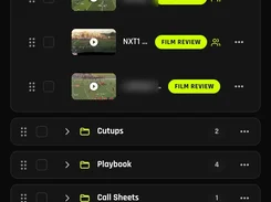 Dark mobile interface for The Lab showing folders for film, cutups, playbook, call sheets, reports, drills, and scouting cards, with video thumbnails and Film Review buttons.