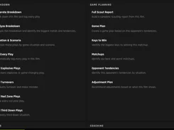 Dark Agent X task menu listing breakdown and game-planning options including Generate Breakdown, Analyze Breakdown, Full Scout Report, Game Plan, and Opponent Tendencies.