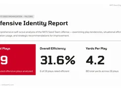 Offensive Identity Report page for NXT1 Seed Organization Falcons showing total plays, overall efficiency, and yards per play.