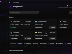 Nyria desktop Integrations page listing broker cards for Nyria Paper, Charles Schwab, Tradier, tastytrade, and Alpaca.